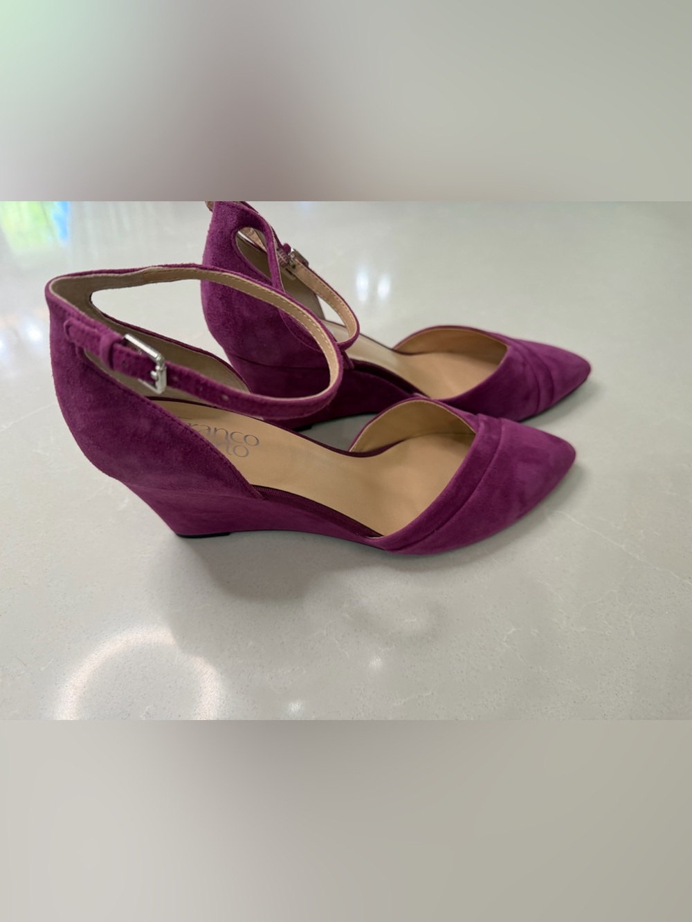 Franco Sarto Faye Magenta Purple Suede Wedge Pumps Ankle Strap, 10